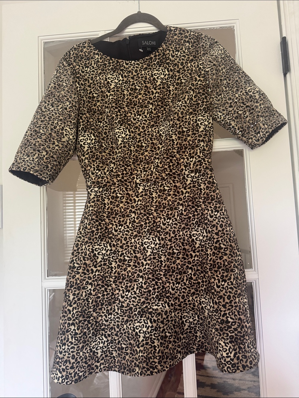 SALONI Beige and Black Leopard Print Short Dress with sequin sleeves